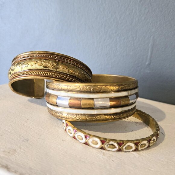 Mixed Metal Chunky Bangle Stack Mother of Pearl Enamel Copper Brass Steel Boho - Picture 3 of 9